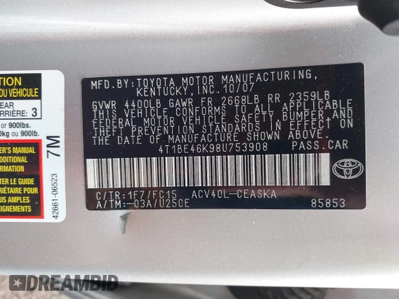 2008 Toyota Camry LE z VIN 4T1BE46K98U753908, wystawiony jako IAAI lot #42144867 z przebiegiem 158 520 mil mil oraz . Historia ofert i sprzedaży dostępna na DreamBid. Obrazek 9.