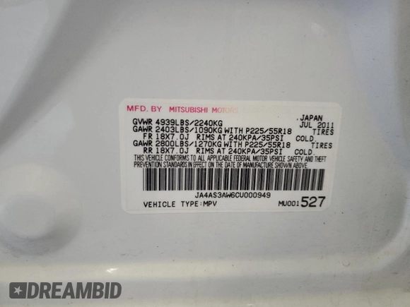 2012 Mitsubishi Outlander SE z VIN JA4AS3AW6CU000949, wystawiony jako Copart lot #58219215 z przebiegiem 220 267 mil mil oraz Czysty tytuł • Clean title. Historia ofert i sprzedaży dostępna na DreamBid. Obrazek 13.