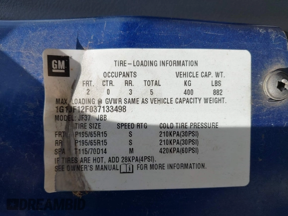 2003 Chevrolet Cavalier LS with VIN 1G1JF12F037133498, listed as a IAAI auction lot 42085913 with 202,927 mi miles and . Bid and sale history available at DreamBid. Image 9.