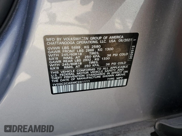 2021 Volkswagen Atlas S z VIN 1V2GC2CA5MC241111, wystawiony jako Copart lot #51863485 z przebiegiem 16 140 mil mil oraz Szkoda całkowita • Salvage title. Historia ofert i sprzedaży dostępna na DreamBid. Obrazek 12.