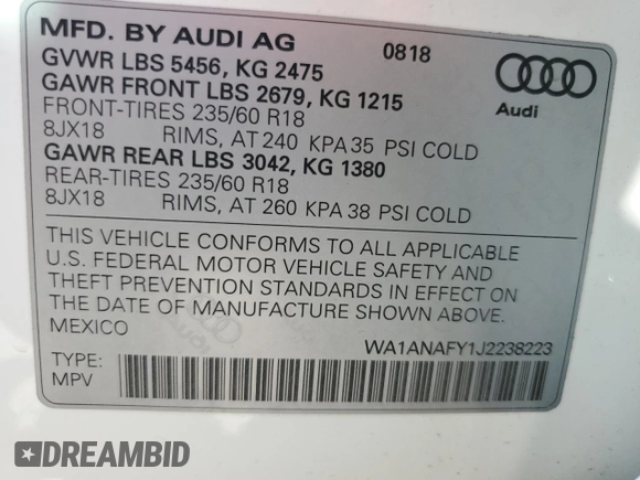 2018 Audi Q5 Premium with VIN WA1ANAFY1J2238223, listed as a Copart auction lot 56636095 with 69,752 mi miles and Clean title. Bid and sale history available at DreamBid. Image 13.