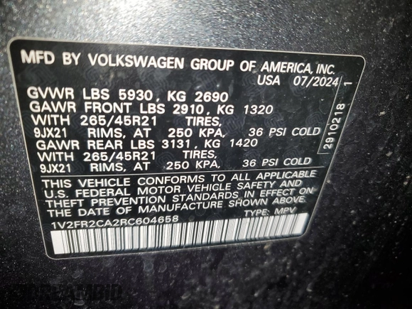 2024 Volkswagen Atlas SEL Premium R-Line с VIN 1V2FR2CA2RC604658, выставлен на аукционе Copart как лот 50166405 с пробегом 15 897 миль миль и Чистый • Clean title. История ставок и продаж доступна на DreamBid. Изображение 14.