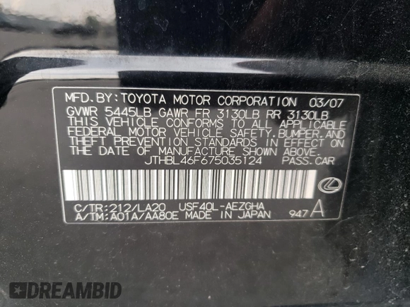 2007 Lexus LS 460 with VIN JTHBL46F675035124, listed as a Copart auction lot 54334835 with 155,919 mi miles and Salvage title. Bid and sale history available at DreamBid. Image 12.