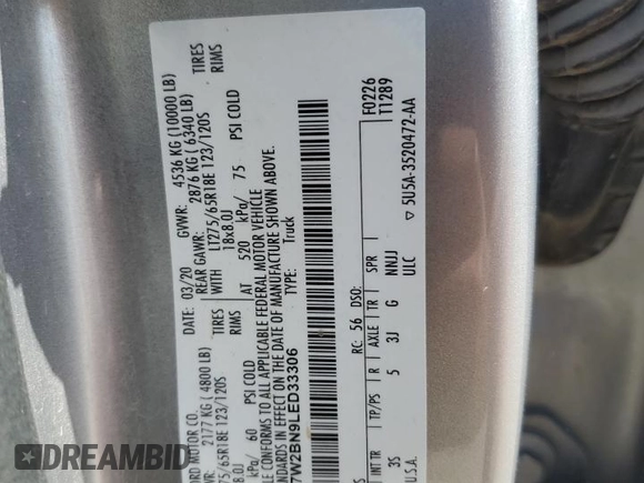 2020 Ford F-250 XL with VIN 1FT7W2BN9LED33306, listed as a Copart auction lot 60313975 with 93,971 mi miles and Salvage title. Bid and sale history available at DreamBid. Image 13.