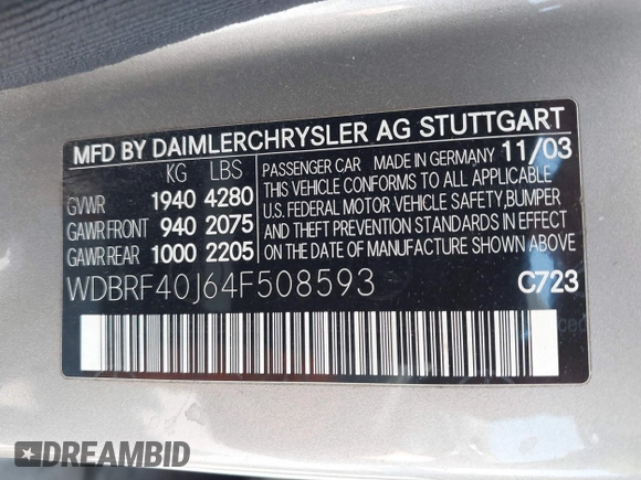 2004 Mercedes-Benz C 230 Kompressor with VIN WDBRF40J64F508593, listed as a IAAI auction lot 42454790 with Not provided miles and . Bid and sale history available at DreamBid. Image 9.