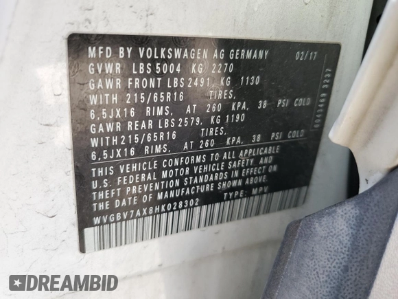 2017 Volkswagen Tiguan S with VIN WVGBV7AX8HK028302, listed as a Copart auction lot 52617685 with 108,191 mi miles and Salvage Title. Bid and sale history available at DreamBid. Image 14.