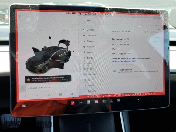 2018 Tesla Model 3 Long Range Battery z VIN 5YJ3E1EBXJF073250, wystawiony jako Copart lot #55832885 z przebiegiem 50 196 mil mil oraz Szkoda całkowita • Salvage title. Historia ofert i sprzedaży dostępna na DreamBid. Obrazek 9.