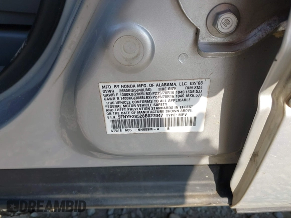 2008 Honda Pilot EX-L with VIN 5FNYF28528B027047, listed as a IAAI auction lot 42692510 with 251,260 mi miles and . Bid and sale history available at DreamBid. Image 9.