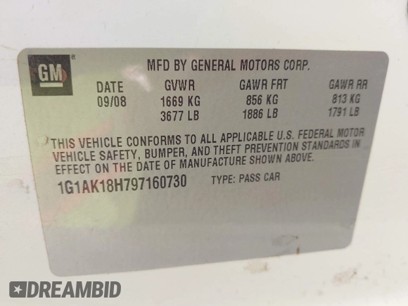 2009 Chevrolet Cobalt LS with VIN 1G1AK18H797160730, listed as a IAAI auction lot 42054726 with 206,788 mi miles and . Bid and sale history available at DreamBid. Image 9.