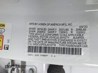 2020 Honda Accord EX-L with VIN 1HGCV3F53LA010718, listed as a IAAI auction lot 41712897 with Not provided miles and . Bid and sale history available at DreamBid. Image 9.
