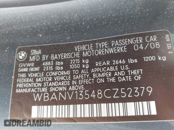 2008 BMW 5 Series 528xi with VIN WBANV13548CZ52379, listed as a IAAI auction lot 42179204 with 152,814 mi miles. Bid and sale history available at carsss.com. Image 9.