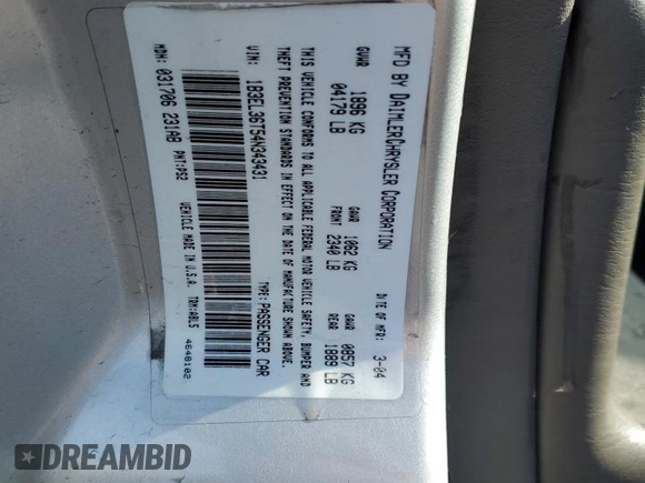 2004 Dodge Stratus SE z VIN 1B3EL36T54N343431, wystawiony jako Copart lot #84961094 z przebiegiem 198 344 mil mil oraz Szkoda całkowita • Salvage title. Historia ofert i sprzedaży dostępna na DreamBid. Obrazek 12.