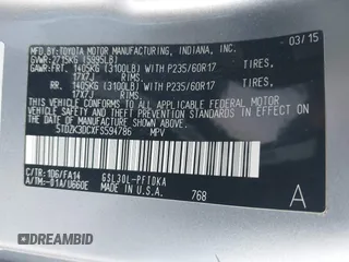 2015 Toyota Sienna L with VIN 5TDZK3DCXFS594786, listed as a IAAI auction lot 42292618 with 180,119 mi miles and . Bid and sale history available at DreamBid. Image 9.