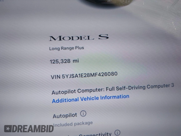 2021 Tesla Model S Long Range Plus with VIN 5YJSA1E28MF426080, listed as a IAAI auction lot 41979326 with 125,328 mi miles and . Bid and sale history available at DreamBid. Image 9.