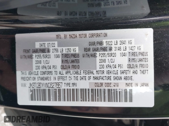2022 Mazda CX-9 Grand Touring with VIN JM3TCBDYXN0627657, listed as a IAAI auction lot 42498856 with 61,044 mi miles and . Bid and sale history available at DreamBid. Image 9.
