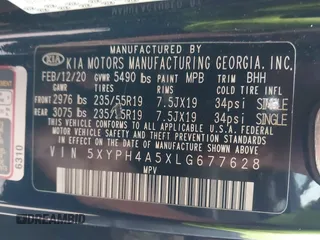 2020 Kia Sorento EX V6 with VIN 5XYPH4A5XLG677628, listed as a IAAI auction lot 41106780 with 62,374 mi miles. Bid and sale history available at carsss.com. Image 9.