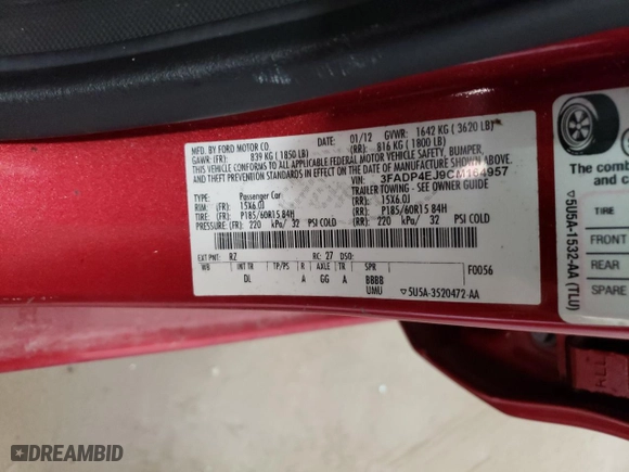 2012 Ford Fiesta SE with VIN 3FADP4EJ9CM164957, listed as a Copart auction lot 45578425 with 0 mi miles and Salvage Title. Bid and sale history available at carsss.com. Image 12.