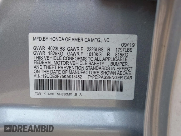 2019 Acura ILX Premium with VIN 19UDE2F75KA015482, listed as a IAAI auction lot 41722718 with 44,004 mi miles and . Bid and sale history available at DreamBid. Image 9.