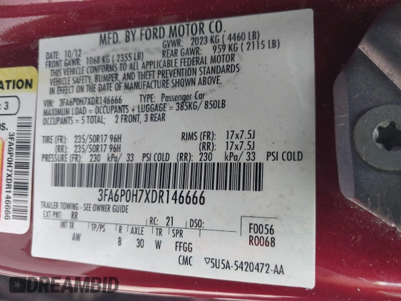 2013 Ford Fusion SE with VIN 3FA6P0H7XDR146666, listed as a IAAI auction lot 42435111 with 122,252 mi miles and . Bid and sale history available at DreamBid. Image 9.