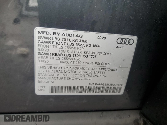 2021 Audi e-tron Prestige with VIN WA1VAAGE8MB004876, listed as a Copart auction lot 39530204 with 29,405 mi miles and . Bid and sale history available at DreamBid. Image 12.