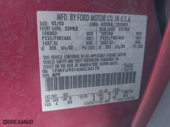2003 Ford Escape XLT Popular 2 with VIN 1FMYU93143KC54170, listed as a IAAI auction lot 41763124 with 271,432 mi miles. Bid and sale history available at carsss.com. Image 9.