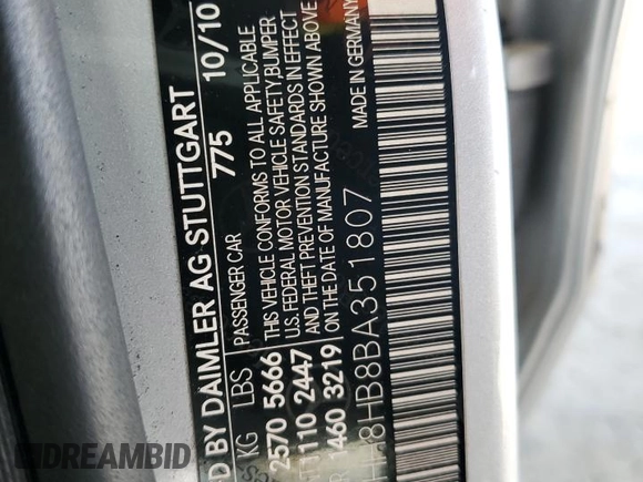 2011 Mercedes-Benz E 350 Luxury with VIN WDDHH8HB8BA351807, listed as a Copart auction lot 52191165 with 122,509 mi miles and Salvage Title. Bid and sale history available at DreamBid. Image 12.