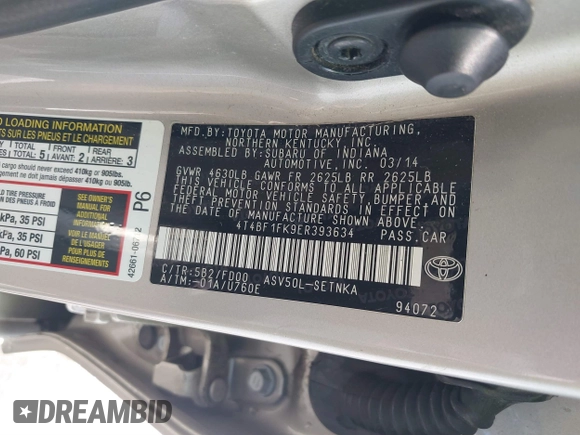 2014 Toyota Camry L with VIN 4T4BF1FK9ER393634, listed as a IAAI auction lot 41641748 with 52,017 mi miles. Bid and sale history available at carsss.com. Image 9.