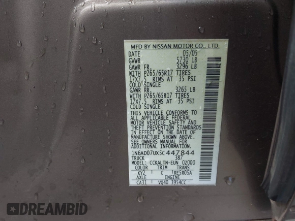 2005 Nissan Frontier LE with VIN 1N6AD07UX5C447844, listed as a IAAI auction lot 42184393 with 202,226 mi miles and . Bid and sale history available at DreamBid. Image 9.