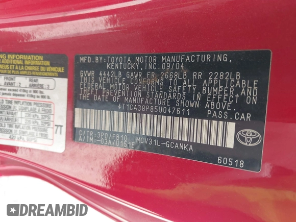 2005 Toyota Solara SE with VIN 4T1CA38P85U047611, listed as a IAAI auction lot 42095284 with 188,617 mi miles. Bid and sale history available at carsss.com. Image 9.