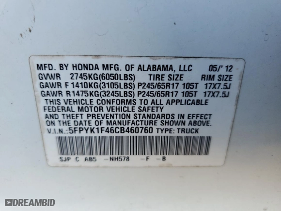 2012 Honda Ridgeline RTS with VIN 5FPYK1F46CB460760, listed as a Copart auction lot 79421824 with 230,855 mi miles and Salvage Title. Bid and sale history available at carsss.com. Image 12.