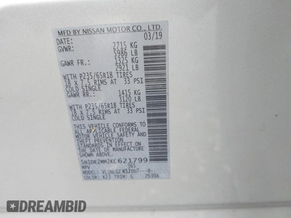 2019 Nissan Pathfinder SV with VIN 5N1DR2MM2KC621799, listed as a IAAI auction lot 42485711 with 63,973 mi miles and . Bid and sale history available at DreamBid. Image 9.
