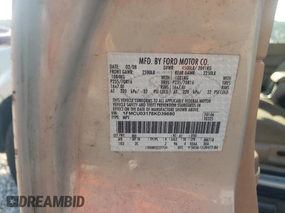 2008 Ford Escape XLT with VIN 1FMCU03178KD39680, listed as a Copart auction lot 62017805 with 149,799 mi miles and Salvage title. Bid and sale history available at DreamBid. Image 13.