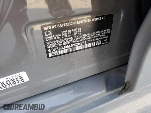 2021 BMW 5 Series 540i с VIN WBA53BJ05MWX04251, выставлен на аукционе Copart как лот 53439605 с пробегом Не указан миль и Списание • Salvage title. История ставок и продаж доступна на DreamBid. Изображение 14.