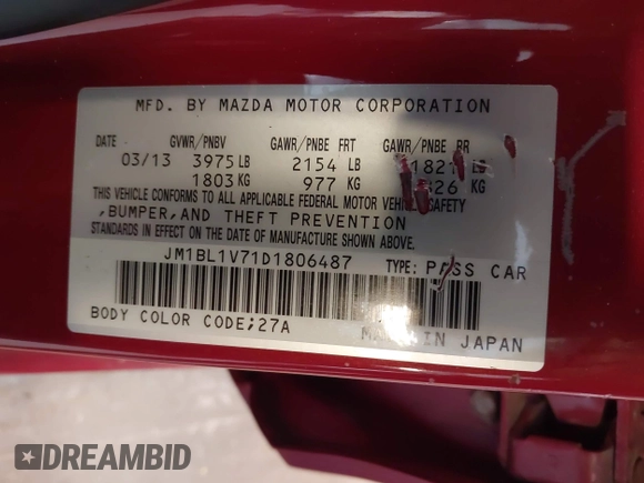 2013 Mazda 3 i Touring with VIN JM1BL1V71D1806487, listed as a IAAI auction lot 42097519 with 110,872 mi miles and . Bid and sale history available at DreamBid. Image 9.