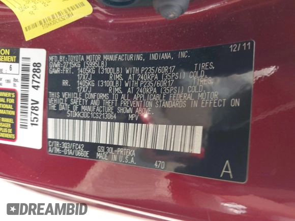 2012 Toyota Sienna LE AAS with VIN 5TDKK3DC1CS213064, listed as a IAAI auction lot 42414677 with 63,699 mi miles and . Bid and sale history available at DreamBid. Image 9.
