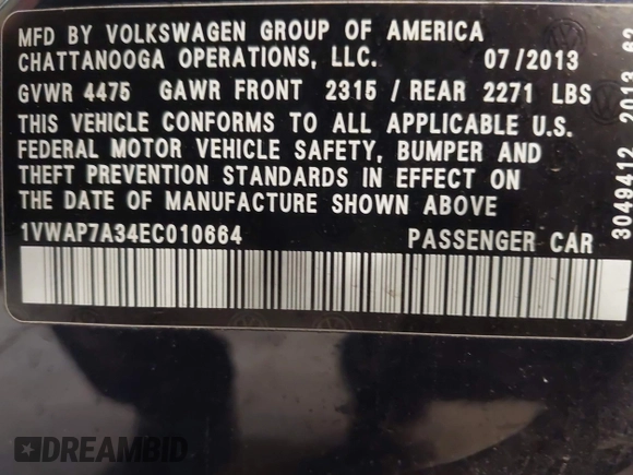 2014 Volkswagen Passat S with VIN 1VWAP7A34EC010664, listed as a IAAI auction lot 42471970 with 121,204 mi miles and . Bid and sale history available at DreamBid. Image 9.