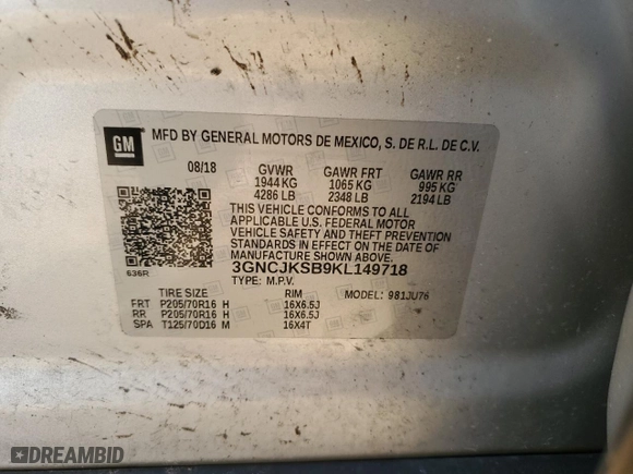 2019 Chevrolet Trax LS with VIN 3GNCJKSB9KL149718, listed as a Copart auction lot 42616855 with 102,280 mi miles and Salvage Title. Bid and sale history available at carsss.com. Image 15.