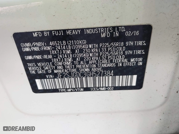 2016 Subaru Forester 2.0XT Premium with VIN JF2SJGDC3GH527384, listed as a IAAI auction lot 41763974 with 107,411 mi miles. Bid and sale history available at carsss.com. Image 9.