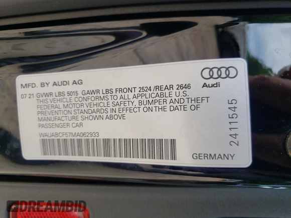 2021 Audi A5 Sportback Premium z VIN WAUABCF57MA062933, wystawiony jako Copart lot #58348515 z przebiegiem 36 777 mil mil oraz Szkoda całkowita • Salvage title. Historia ofert i sprzedaży dostępna na DreamBid. Obrazek 12.