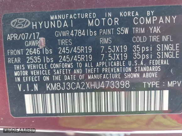 2017 Hyundai Tucson Sport with VIN KM8J3CA2XHU473398, listed as a IAAI auction lot 42109961 with 157,588 mi miles. Bid and sale history available at carsss.com. Image 9.