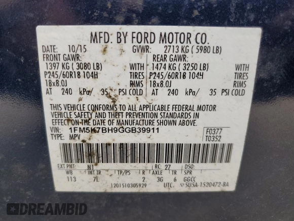 2016 Ford Explorer with VIN 1FM5K7BH9GGB39911, listed as a Copart auction lot 56446855 with 140,874 mi miles and Salvage title. Bid and sale history available at DreamBid. Image 13.