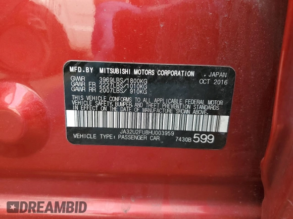 2017 Mitsubishi Lancer ES with VIN JA32U2FU8HU003959, listed as a Copart auction lot 54561025 with 82,397 mi miles and Salvage Title. Bid and sale history available at DreamBid. Image 12.
