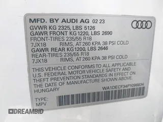 2023 Audi Q3 S line Premium with VIN WA1DECF34P1096834, listed as a IAAI auction lot 42644123 with 62,360 mi miles and . Bid and sale history available at DreamBid. Image 9.