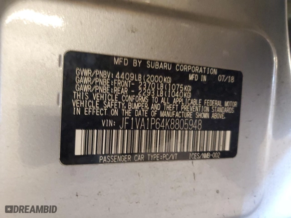 2019 Subaru WRX Limited with VIN JF1VA1P64K8805948, listed as a Copart auction lot 77872864 with 44,556 mi miles and Salvage Title. Bid and sale history available at carsss.com. Image 14.