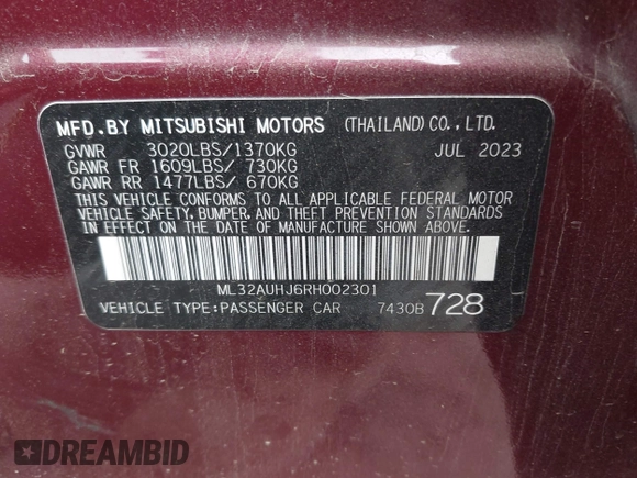 2024 Mitsubishi Mirage ES with VIN ML32AUHJ6RH002301, listed as a IAAI auction lot 42363493 with 13,949 mi miles and . Bid and sale history available at DreamBid. Image 9.