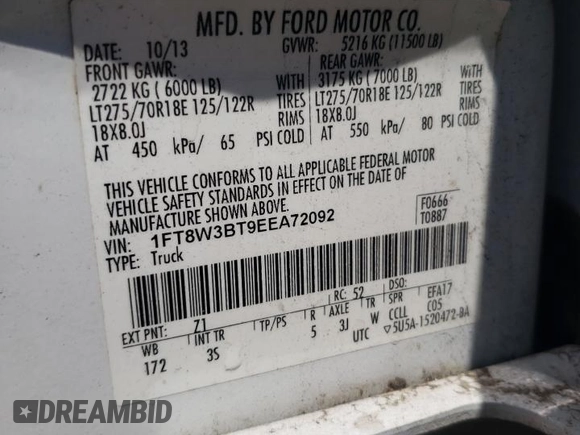 2014 Ford F-350 XLT with VIN 1FT8W3BT9EEA72092, listed as a Copart auction lot 53665775 with 298,659 mi miles and Salvage Title. Bid and sale history available at DreamBid. Image 12.