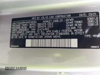 2021 Volvo XC90 Momentum with VIN YV4A22PK4M1748264, listed as a IAAI auction lot 41947135 with 106,081 mi miles and . Bid and sale history available at DreamBid. Image 9.