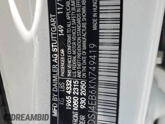 2019 Mercedes-Benz CLA 250 with VIN WDDSJ4EB6KN749419, listed as a Copart auction lot 64517735 with 73,323 mi miles and Salvage title. Bid and sale history available at DreamBid. Image 12.