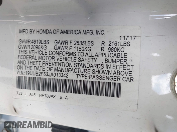 2018 Acura TLX w/A-SPEC Pkg with VIN 19UUB2F63JA013342, listed as a IAAI auction lot 42051724 with 43,396 mi miles and . Bid and sale history available at DreamBid. Image 9.