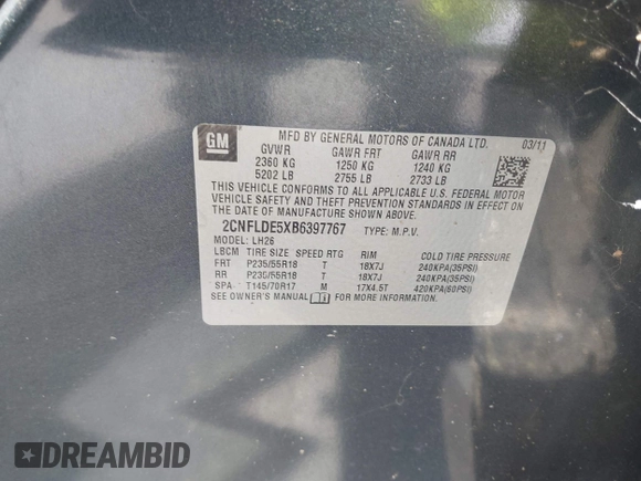 2011 Chevrolet Equinox 1LT with VIN 2CNFLDE5XB6397767, listed as a IAAI auction lot 42254558 with 172,292 mi miles and . Bid and sale history available at DreamBid. Image 9.